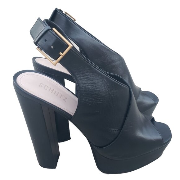 Schutz Priscila Slingback Sandals Black Napa Leather Platform 8.5 - Picture 5 of 9